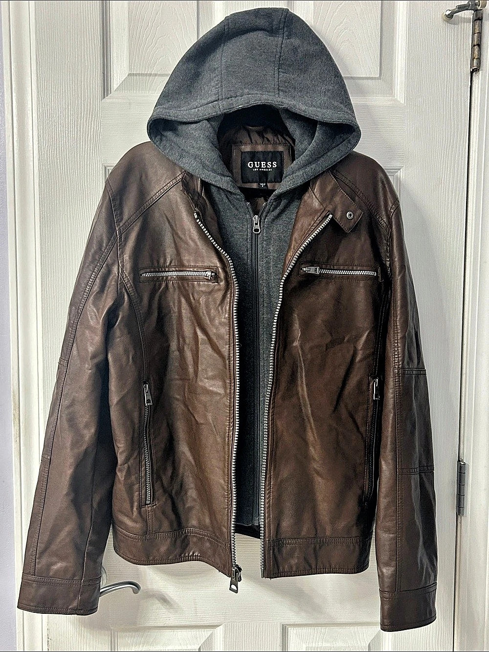 GUESS Faux Leather Moto Jacket with Removable Hood Brown & Gray Large